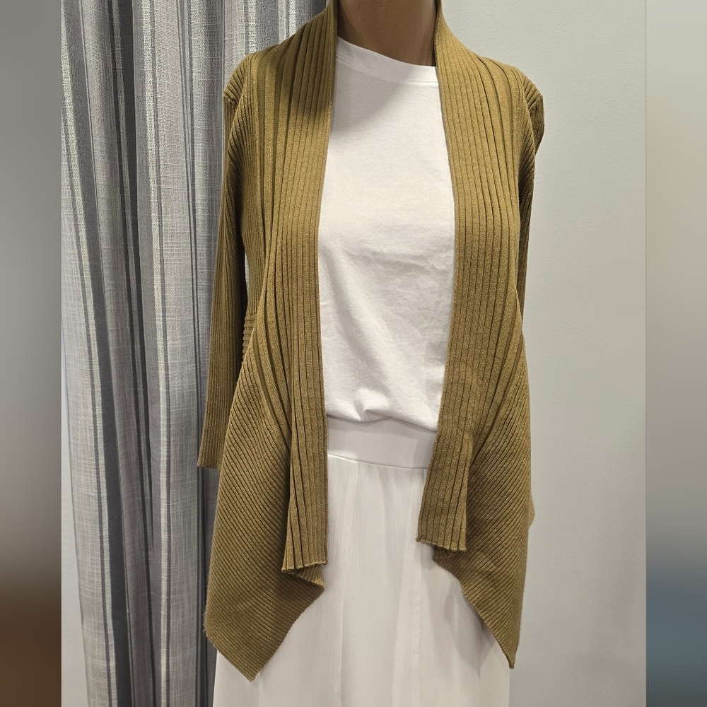 1018 Willi Smith Women's Size S Green Ribbed Open Waterfall Cardigan Sweater